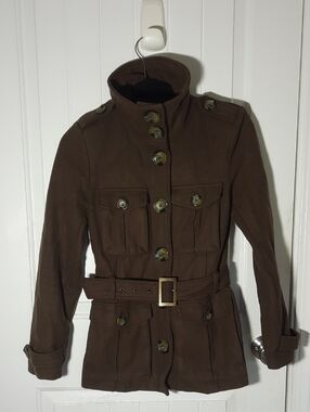 Women's Olive Belted Military-Style Jacket - Wool Blend